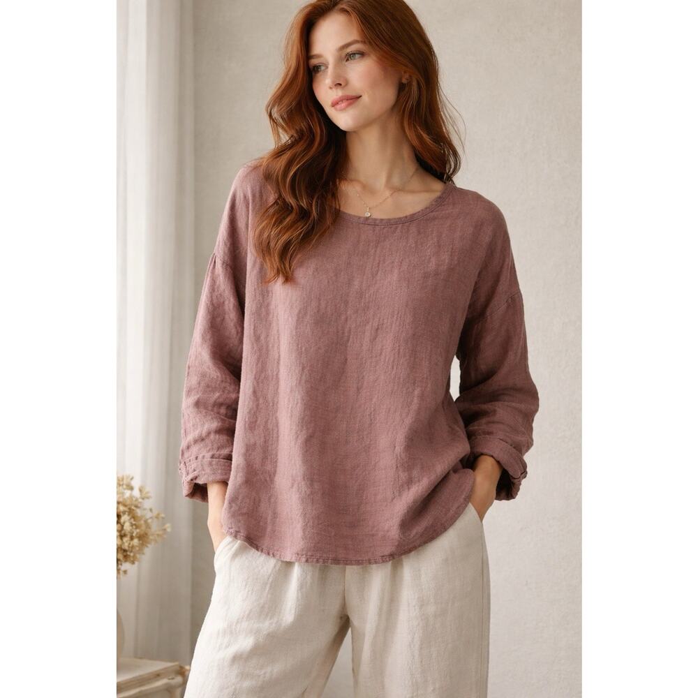 Flax 100% Linen Top Medium Oversized Lagenlook Boxy Mauve Pink Brown Engelhart